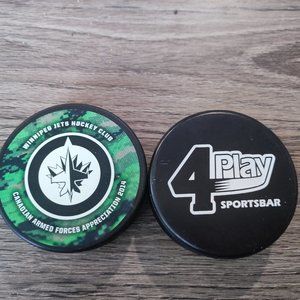 2 Hockey pucks Winnipeg Jets 2014 Canadian Armed Forces official + one gift